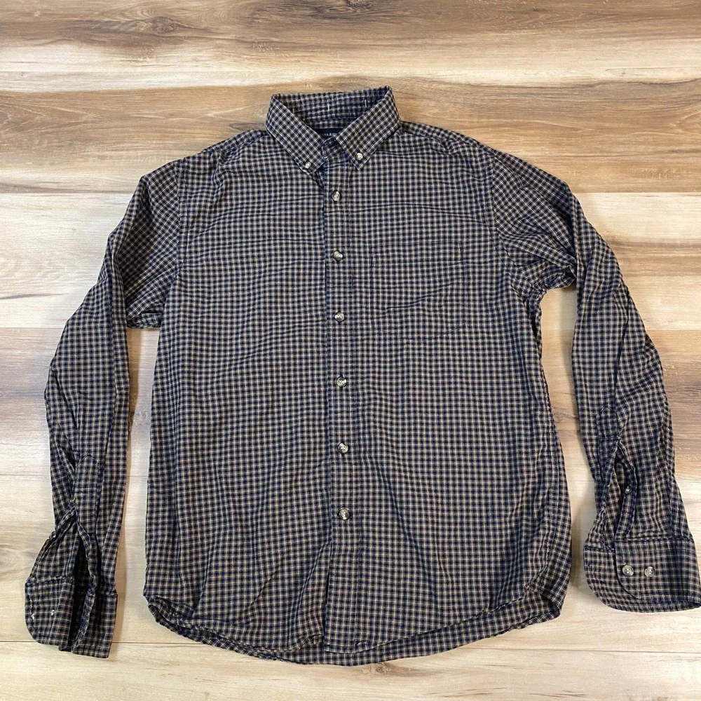 Banana Republic Button Down Men S‎ Plaid Cotton Untucked Fit Navy Blue Classic